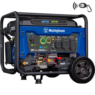 Westinghouse | WGen3600DF portable generator shown at an angle on a white background.