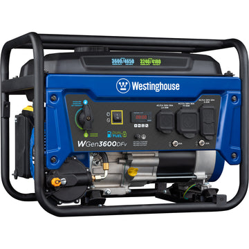 Westinghouse | WGen3600DFv portable generator shown at an angle on a white background.