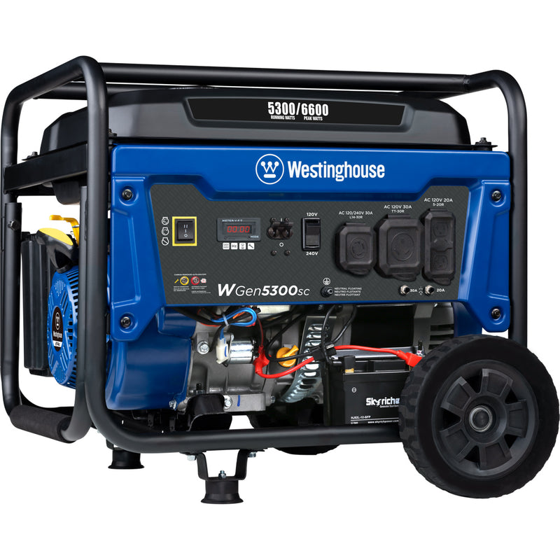 Westinghouse | WGen5300sc portable generator shown at an angle on a white background.