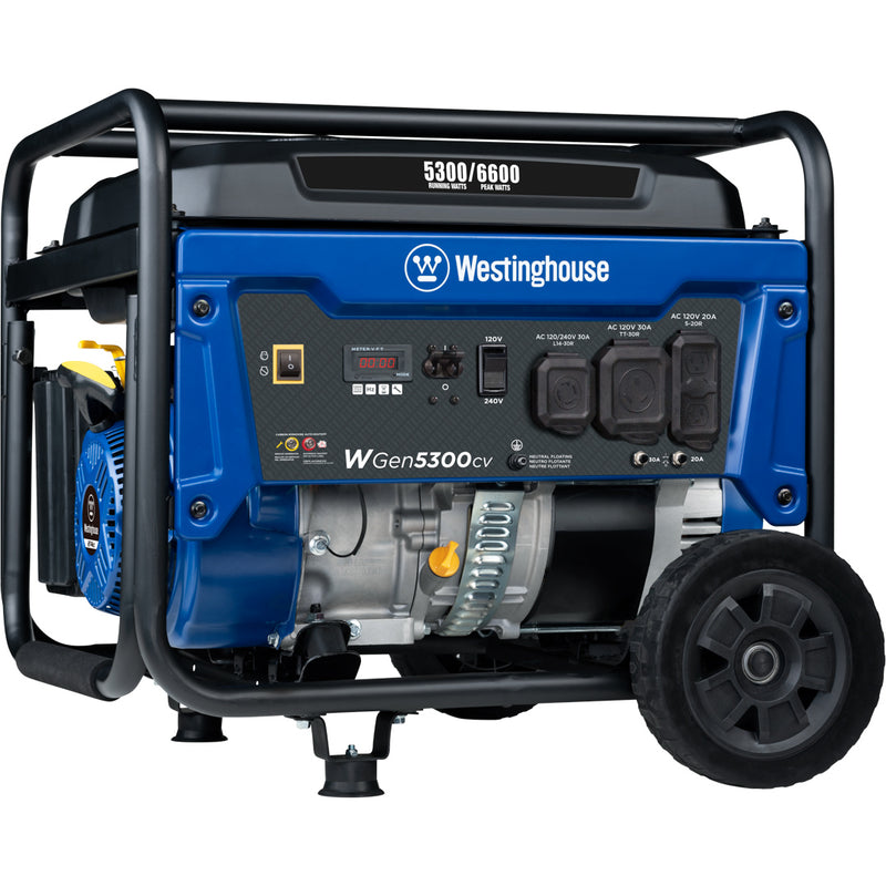 Westinghouse | WGen5300cv portable generator shown at an angle on a white background