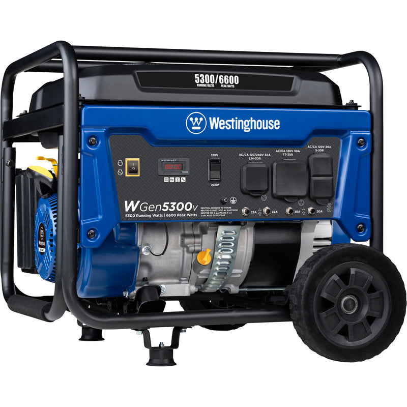 Westinghouse | WGen5300v portable generator shown at an angle on a white background.