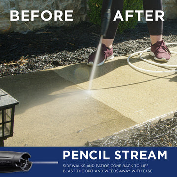 Westinghouse | ePX2000 shown spraying sidewalk with the left side dirty and the right side is after and its clean. Blue bar at the bottom reads: pencil stream sidewalks and patios come back to life blast the dirt and weeds away with ease