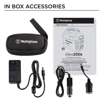 Westinghouse | iGen200s Portable Power Station graphic highlighting the in box accessories. The items laid out on a white background include the owner's manual, soft accessories case, wall charger, car charger, and cigarette lighter plug.