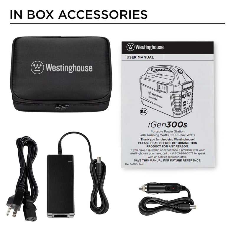 Westinghouse | iGen300s Portable Power Station graphic highlighting the in box accessories. The items laid out on a white background include the owner's manual, wall charger, car charger, and soft accessories case.