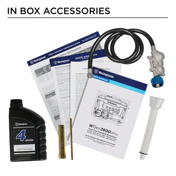 Westinghouse | WGen3600DFcv portable generator in box accessories: oil bottle, oil funnel, user manual, warranty, maintenance guide, tools, and propane hose/regulator