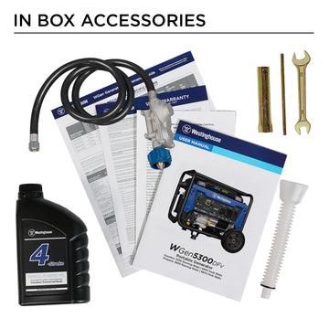 Westinghouse | WGen5300DFv portable generator in box accessories: Oil, warranty, quick start guide, manual, oil funnel, spark plug wrench, and propane regulator/hose.