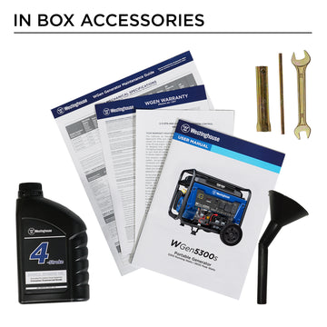 Westinghouse | WGen5300s portable generator in box accessories: Oil, warranty, quick start guide, manual, oil funnel, and spark plug wrench.