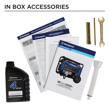 Westinghouse | WGen5300v portable generator in box accessories: Oil, warranty, quick start guide, manual, oil funnel, and spark plug wrench.