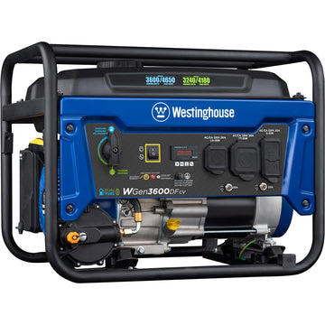 Westinghouse | WGen3600DFcv portable generator shown at an angle on a white background.