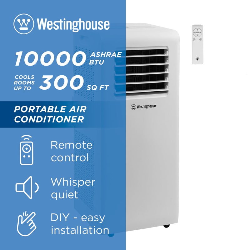Westinghouse | WPac10000 Portable Air Conditioner shown at an angle with a blue bar overlay on the left side of the image that says: 10000 ASHRAE, cools rooms up to 300 sq ft. Remote control, Whisper quiet, and DIY easy installation