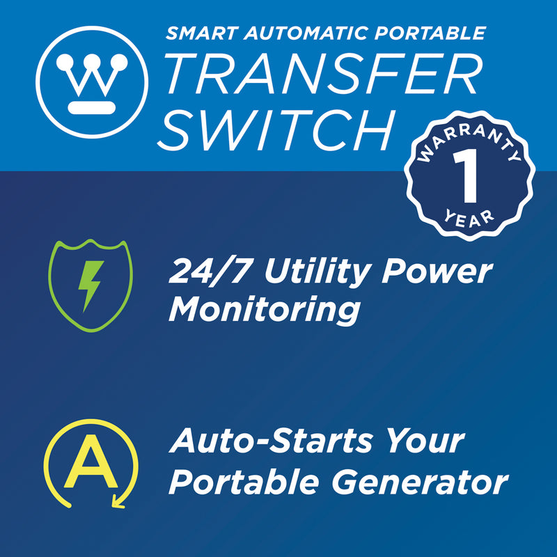 Westinghouse | ST Switch graphic with text reading: Smart Automatic Portable Transfer Switch. 24/7 utility power monitoring. Auto-starts your portable generator. 1 year warranty.