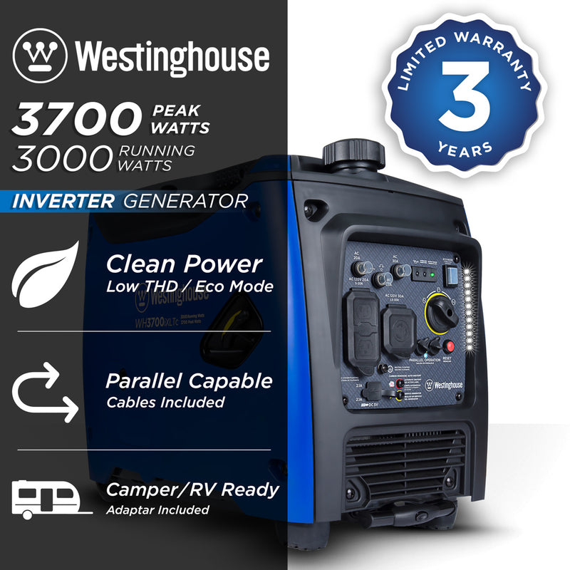 Westinghouse | WH3700iXLTc inverter generator shown on a white background with text reading: 3700 peak watts, 3000 running watts, clean power, low THD/eco mode, parallel capable, cables included, camper/rv ready, adapter included and 3 year limited warranty