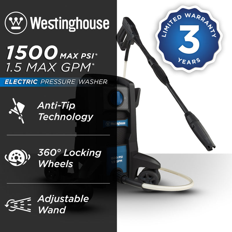 Westinghouse | ePX2000 pressure washer shown on a white background with text reading: 1500 PSI, 1.5 GPM, anti-tip technology, 360 degree locking wheels, adjustable wand and 3 year limited warranty