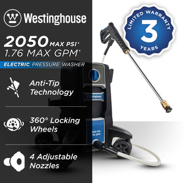 Westinghouse | ePX3050 pressure washer shown on a white background with text reading: 2050 PSI, 1.76 GPM, anti-tip technology, 360 degree locking wheels, 4 adjustable nozzles and 3 year limited warranty
