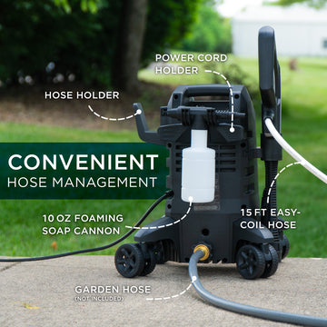 Westinghouse | ePX2000 pressure washer shown on concrete with call outs for convenient hose management 