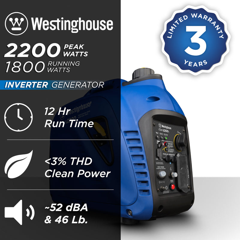 Westinghouse | iGen2200c inverter generator shown with text over it saying Westinghouse 2200 peak watts, 1800 running watts, inverter generator, 12 hr run time, <3% THD clean power, as low as 52 dBA & 46 lbs and 3 year limited warranty