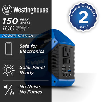 Westinghouse | iGen160s power station shown on a white background with text reading: 150 peak watts, 100 running watts, safe for electronics, solar panel ready, no noise, no fumes and 2 year limited warranty