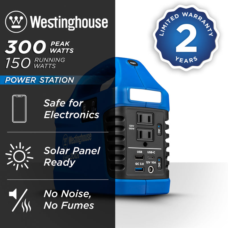 Westinghouse | iGen200s power station shown on a white background with text reading: 300 peak watts, 150 running watts, safe for electronics, solar panel ready, no noise, no fumes, and 2 year limited warranty