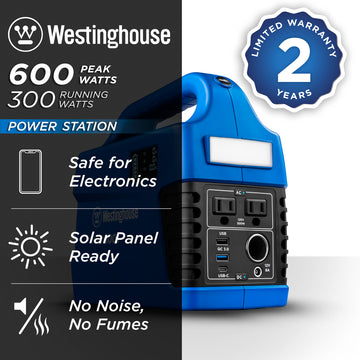 Westinghouse | iGen300s power station shown on a white background with text reading: 600 peak watts, 300 running watts, safe for electronics, solar panel ready, no noise, no fumes, and 2 year limited warranty