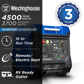 Westinghouse | iGen4500 inverter generator shown on a white background with text reading: 4500 peak watts, 3700 running watts, 3 year limited warranty, 18 hour run time, remote/electric start, RV ready outlet.