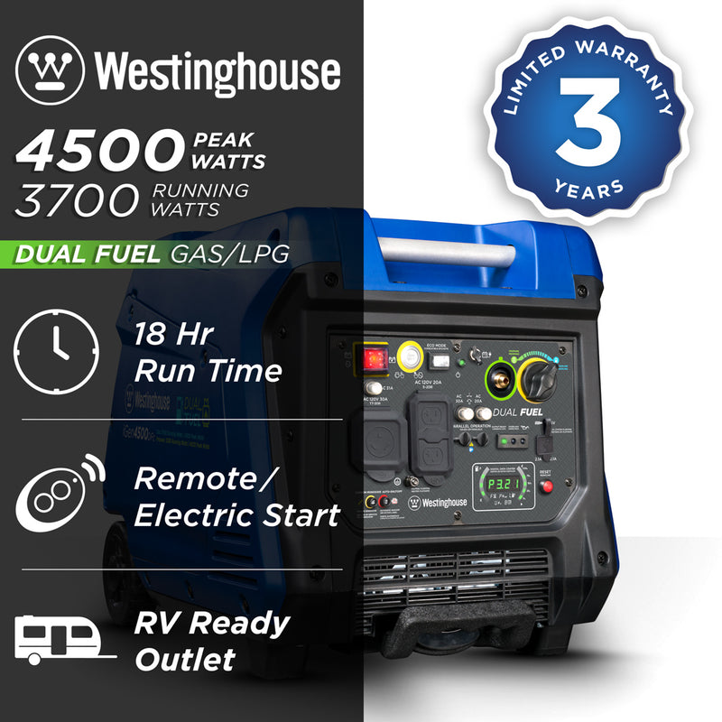 Westinghouse | iGen4500DFc inverter generator shown on a white background with text reading: 4500 peak watts, 3700 running watts, dual fuel gas/LPG, 18 hour run time, remote/electric start, RV ready outlet and 3 year limited warranty