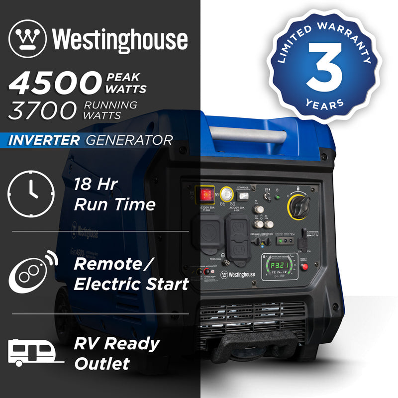 Westinghouse | iGen4500c inverter generator shown on a white background with text reading: 4500 peak watts, 3700 running watts, 3 year limited warranty, 18 hour run time, remote/electric start, RV ready outlet.