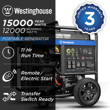 Westinghouse | WGen12000 portable generator shown on a white background with text saying: Westinghouse 15000 peak watts, 12000 running watts, portable generator, 11 hour run time, remote/electric start and transfer switch ready