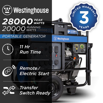 Westinghouse | WGen20000 portable generator shown on a white background with text saying 28000 peak watts, 20000 running watts, 11 hour run time, remote/electric start, transfer switch ready and 3 year limited warranty