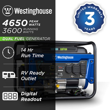 Westinghouse | WGen3600DFcv portable generator shown on a white background with text reading: 4650 peak watts, 3600 running watts, 3 year limited warranty, dual fuel gas/LPG, 14 hour run time, digital readout, RV ready outlet.
