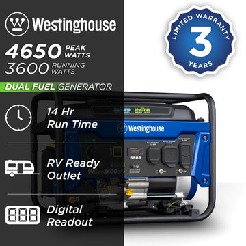 Westinghouse | WGen3600DFv portable generator shown on a white background with text reading: 4650 peak watts, 3600 running watts, 3 year limited warranty, dual fuel gas/LPG, 14 hour run time, digital readout, RV ready outlet.