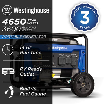 Westinghouse | WGen3600c portable generator shown on a white background with text reading: 4650 peak watts, 3600 running watts, 3 year limited warranty, 14 hour run time, RV ready outlet, built-in fuel gauge.