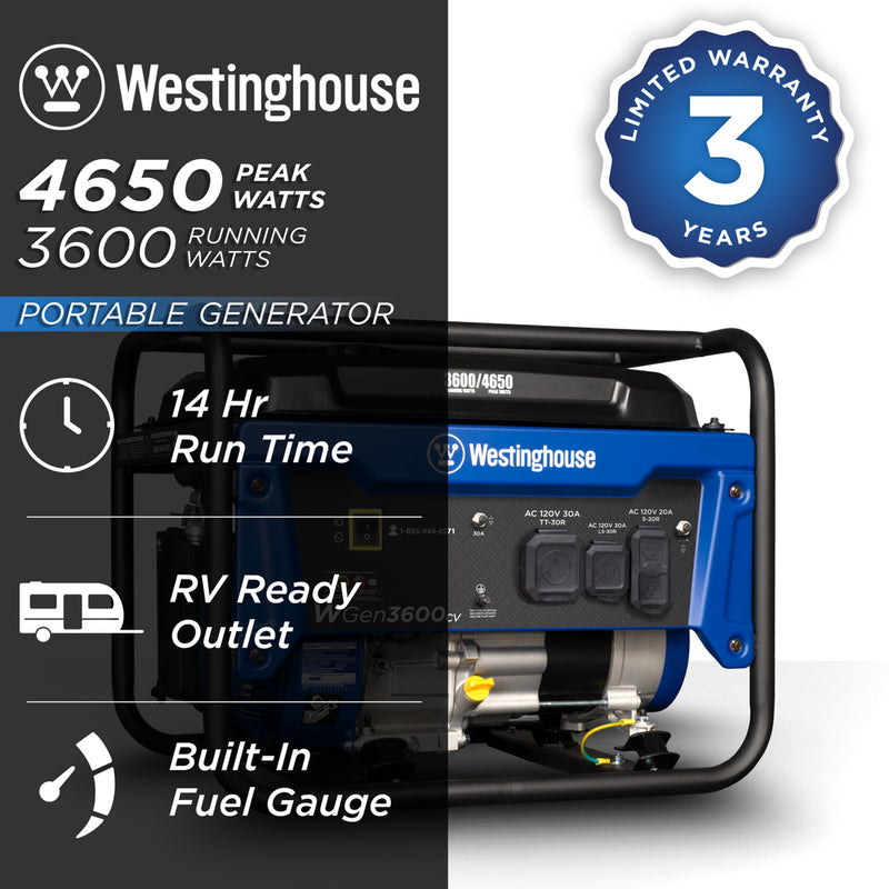 Westinghouse | WGen3600cv portable generator shown on a white background with text reading: 4650 peak watts, 3600 running watts, 3 year limited warranty, 14 hour run time, RV ready outlet, built-in fuel gauge.