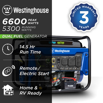 Westinghouse | WGen5300DF portable generator shown on a white background with text reading: 6600 peak watts, 5300 running watts, dual fuel generator, 14.5 hour run time, remote/electric start, home and RV ready and 3 year limited warranty