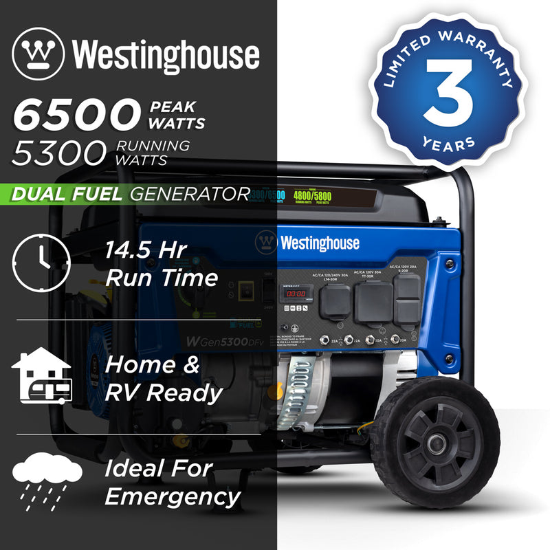 Westinghouse | WGen5300DFv portable dual fuel generator shown on a white background with text reading: 6500 peak watts, 5300 running watts, 3 year limited warranty, 14.5 hour run time, Home & RV Ready, ideal for emergency.