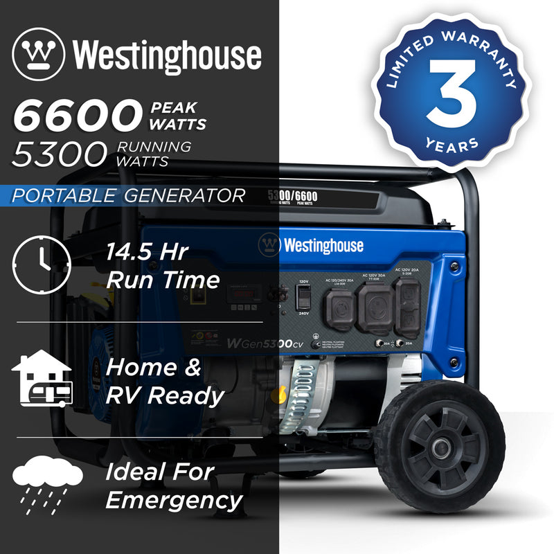 Westinghouse | WGen5300cv portable generator shown on a white background with text reading: 6600 peak watts, 5300 running watts, 3 year limited warranty, 14.5 hour run time, Home & RV Ready, ideal for emergency.