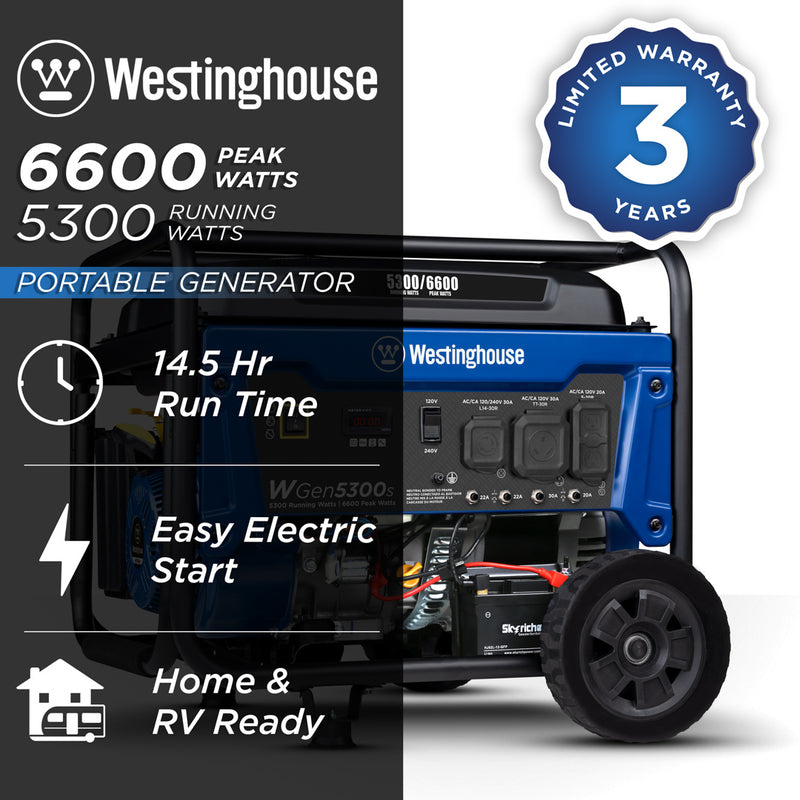 Westinghouse | WGen5300s portable generator shown on a white background with text over it reading: westinghouse 6600 peak watts. 5300 running watts, 14.5 hour run time, east electric start, home and RV ready and 3 year limited warranty