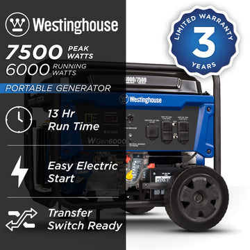 Westinghouse | WGen6000 portable generator shown on a white background with text reading: 7500 peak watts, 6000 running watts, 3 year limited warranty, 13 hour run time, easy electric start, transfer switch ready.