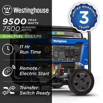 Westinghouse | WGen7500DF portable generator shown on a white background, with text reading: 9500 peak watts, 7500 running watts, dual fuel, 11 hour run time, remote/electric start, transfer switch ready and 3 year limited warranty