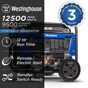 Westinghouse | WGen9500c portable generator shown on a white background with text saying: Westinghouse 12500 peak watts 9500 running watts, portable generator, 12 hour run time, remote/electric start, transfer switch ready and 3 year limited warranty
