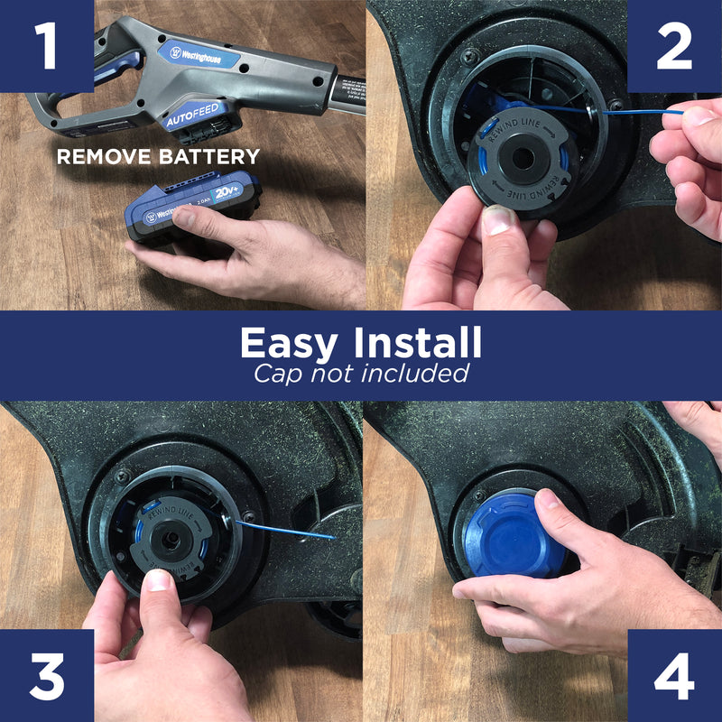4 panel image showing easy install of Westinghouse .065 string trimmer line