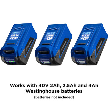 Westinghouse 40VMAX+™ 2.0 amp hour, 2.5 amp hour, and 4.0 amp hour lithium-ion batteries on a white background. Black text along the bottom of the image reads, "Works with 40V 2 amp hour, 2.5 amp hour and 4 amp hour Westinghouse Batteries (batteries not included)".