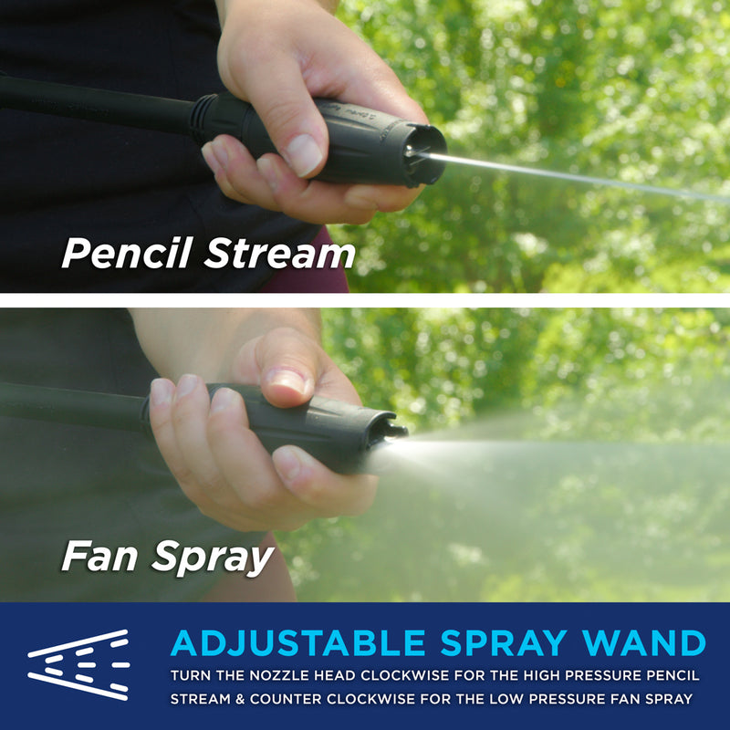 Westinghouse | ePX2000 pressure washer spray wand shown in pencil stream and fan spray with blue bar at the bottom reading: adjustable spray wand turn the nozzle head clockwise for the high pressure pencil stream and counter clockwise for the low pressure fan spray