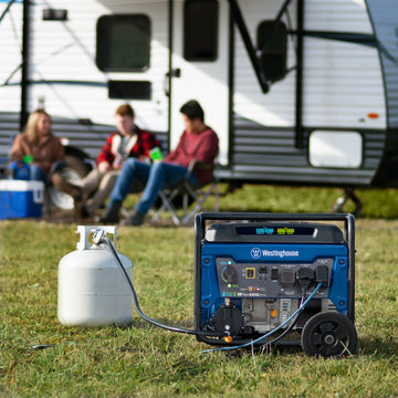Westinghouse | WGen5300DFcv portable generator hooked up to a propane tank, with people sitting in chairs and a camper in the background