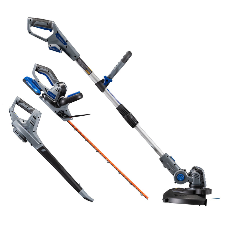 String trimmer, hedge trimmer, and leaf blower on a white background 