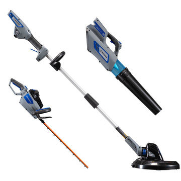 Hedge trimmer, string trimmer and edger, and leaf blower on a white background