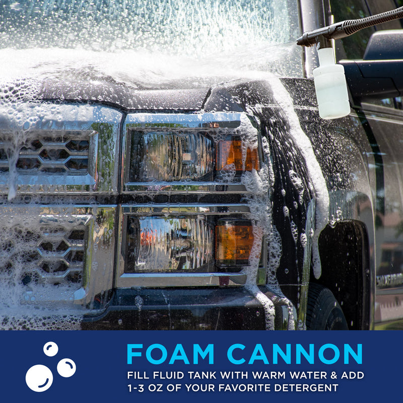 Westinghouse | ePX2000 pressure washer shown spraying a truck with soap with the foam cannon with blue bar at the bottom reading: foam cannon fill fluid tank with warm water and add 1-3 oz of your favorite detergent