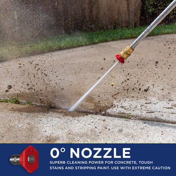 Westinghouse | ePX3050 pressure washer shown using the red nozzle spraying a crack in the concrete and blue bar at the bottom reading: 0 degree nozzle superb cleaning power for concrete, tough stains and stripping paint, use with extreme caution