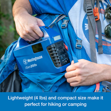 Westinghouse | iGen200s Portable Power Station is being put into a backpack. A blue banner along the bottom reads, "Lightweight (4 lbs) and compact size make it perfect for hiking or camping".