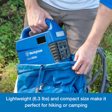 Westinghouse | iGen300s Portable Power Station is being placed into a backpack. A blue banner along the bottom reads, "Lightweight (6.3 lbs) and compact size make it perfect for hiking or camping".