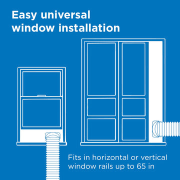 Westinghouse | WPac10000 Portable Air Conditioner - image shows a blue background with "easy universal window installation, Fits in horizontal or vertical window rails up to 65 in." showing how the window installation and hose fit in windows.